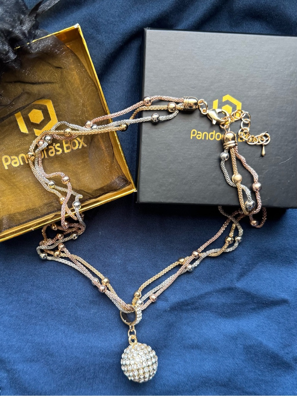 Pandora Tri-Color Layered Necklace with Pave Ball Pendant